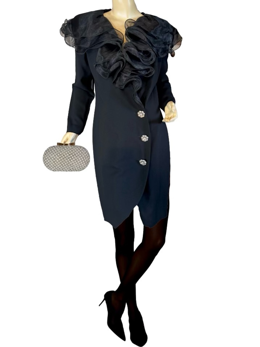 VINTAGE 1980'S MORTON MYLES BLACK BLAZER DRESS W/DRAMATIC COLLAR (12)